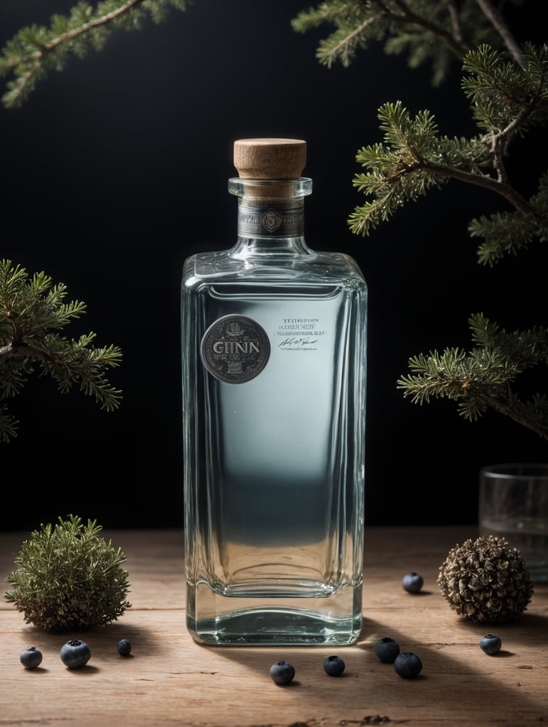 professional photography of a square gin bottle, square bottle, surrounding a juniper and juniper berries, one shot of gin in a front, no label, clear, mockup