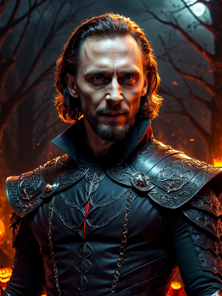 Tom Hiddleston wearing spooky Halloween costume, Halloween, Sinister, dynamic pose, saturated colors, Spooky theme