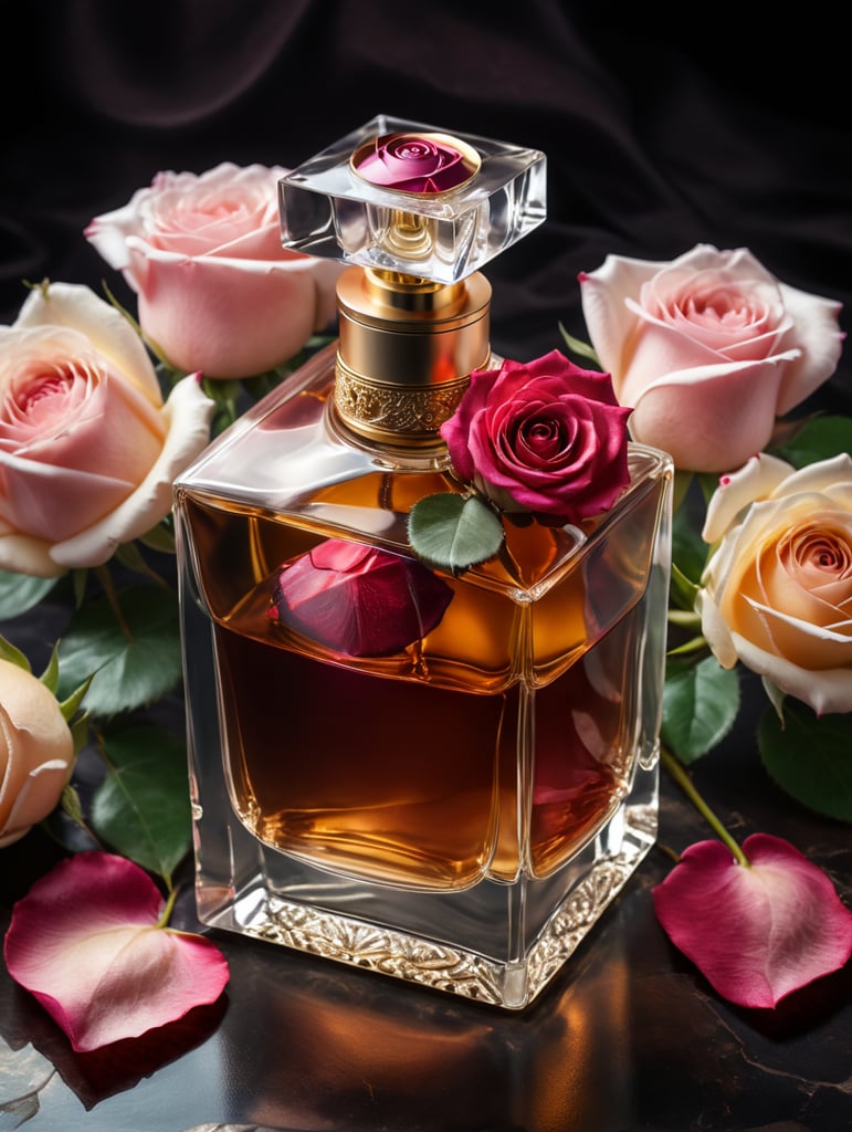 professional photography of a luxury perfume, square bottle, surrounding a rose petals, rose satin scarf on a background, no label, clear, mockup