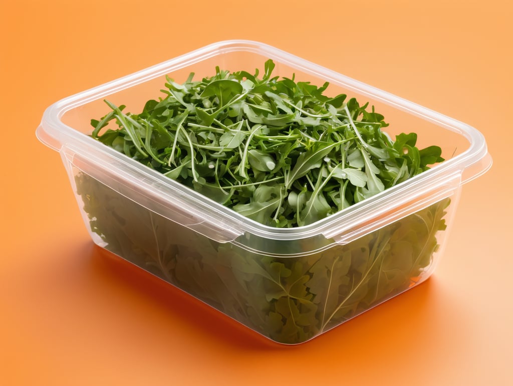 blank Transparent Plastic Container with Arugula Salad, isolated, orange background, Mockup, mock up