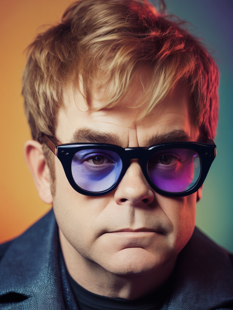 Portrait of Elton John with star-shaped glasses, Against a bright gradient, Vivid saturated colors, Contrast color