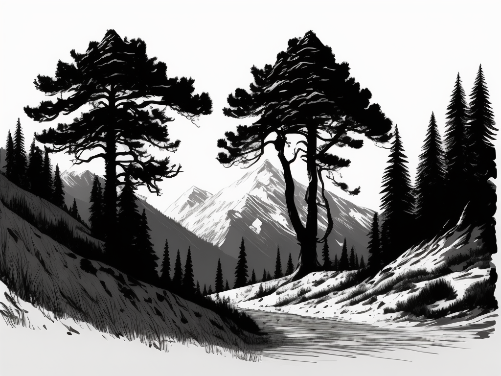 simplistic mountain scene with sparse pine trees, black and white pen and ink drawing