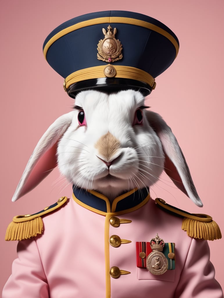 Portrait of a rabbit in a hat and uniform of beast trainer, made in a realistic style on a uniform pink background