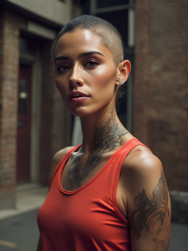 beautiful indigenous teen girl, buzz cut, tattoos, gang member, sleeveless red shirt,in an alley