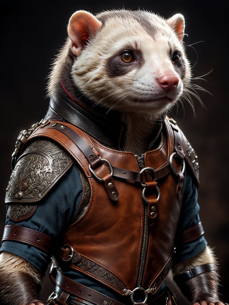 Ferret with leather harness on back
