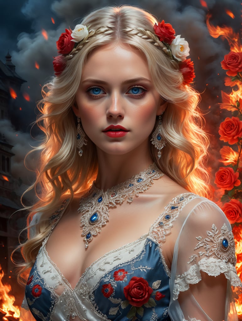 Portrait of a blonde with gray-blue eyes standing at night against a background of fire in a white transparent dress with red and white patterns of Balkan folklore and roses on her head in her hair, cinematic, photorealistic