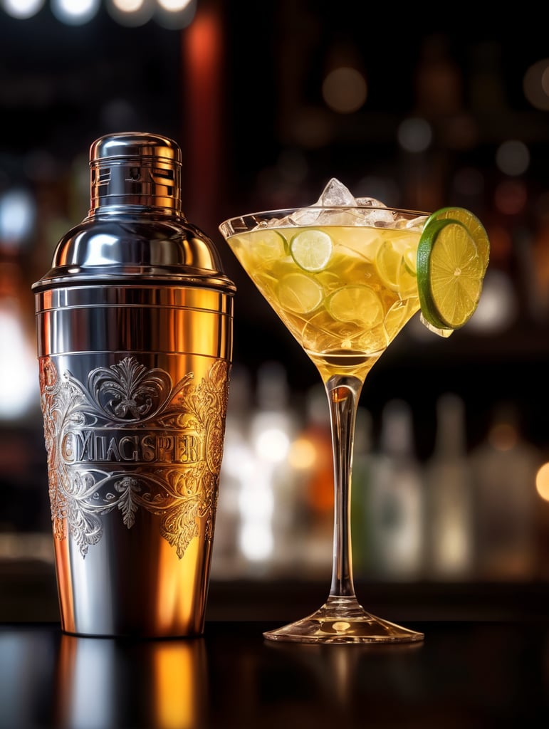 in the style of Catherine Abel - cocktail shaker and cocktail