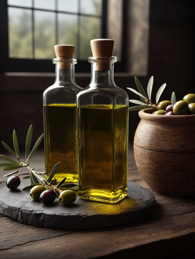 Quiero hacer una botella de aceite de oliva de 500 ml con una bebida de color aceite en su interior, llena hasta arriba con un tapón de madera. Sobre una mesa de madera deben colocarse una botella y unas ramas de olivo. Queremos que la marca sea fiel al antiguo estilo andaluz.