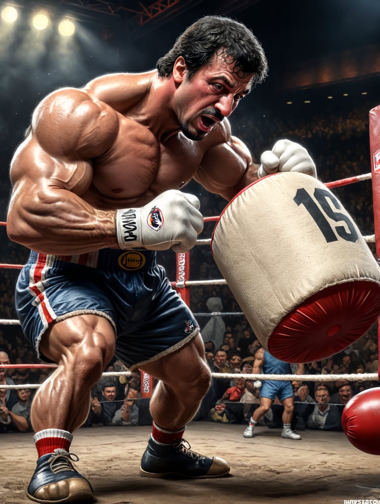 Rocky Balboa hitting a sack as A cartoon character, such as Mickey Mouse, Bugs Bunny, or Homer Simpson.