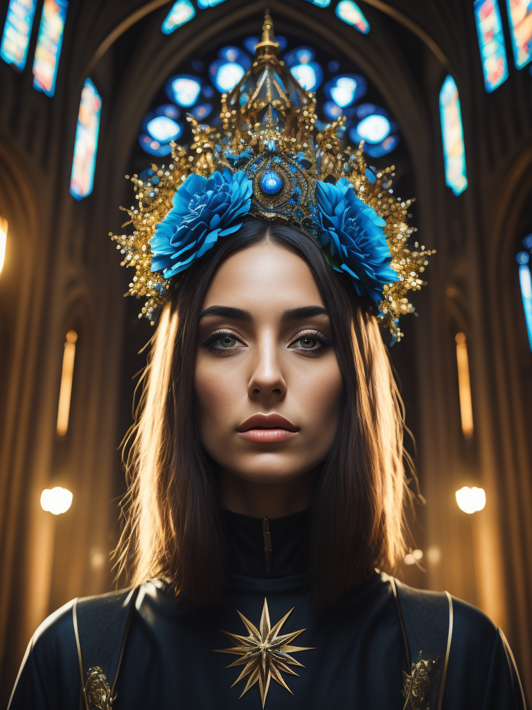 Portrait of a woman with a blue flowers crown, vogue, interior of a tall gothic cathedral, dramatic lighting, incredibly high detail, cyber punk, sun rays, saturated colors, symmetrical, crowd background, full depth of field, neon lights