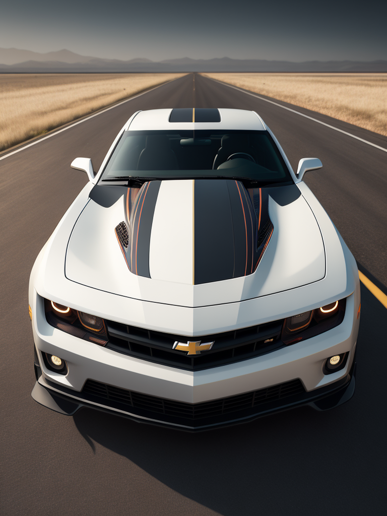 a videogame visual of a Chevrolet Camaro, front of the car, white plane background, dynamic composition, incredible graphic, 4k