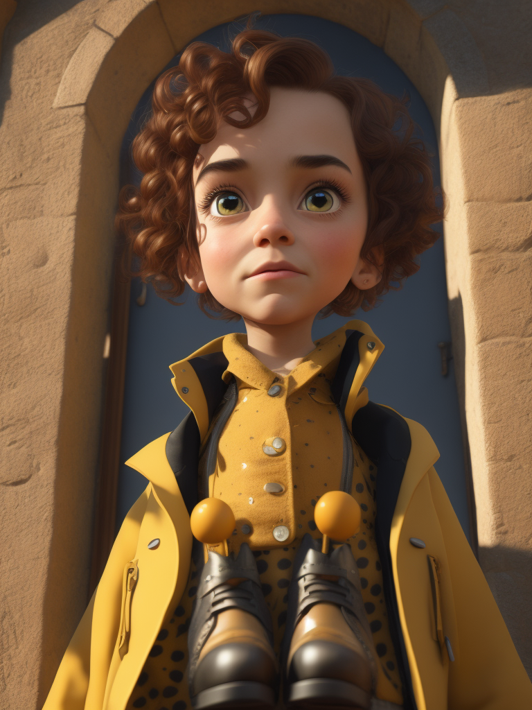 a little beautiful girl, Big Eyes, Button Nose, Small Mouth, Rosy Cheeks, Short Curly Hair, Polka Dot Dress, Yellow Raincoat and Boots, stands in the center, in 3D style, rendered using beautiful Disney animation, Pixar style, Disney style,