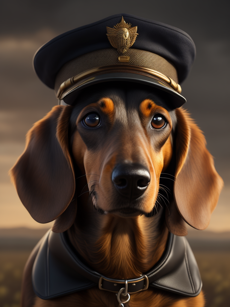 create an image of a long hair dachshund that is the captain of an airplane. The dog is black and brown and wearing a pilot hat.