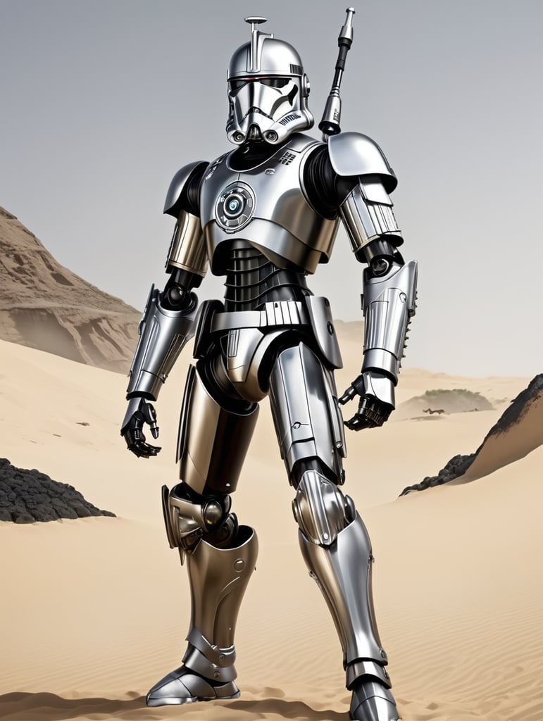 commando droid, star wars, full body, battle pose, shiny black and white armor, shiny silver light eyes