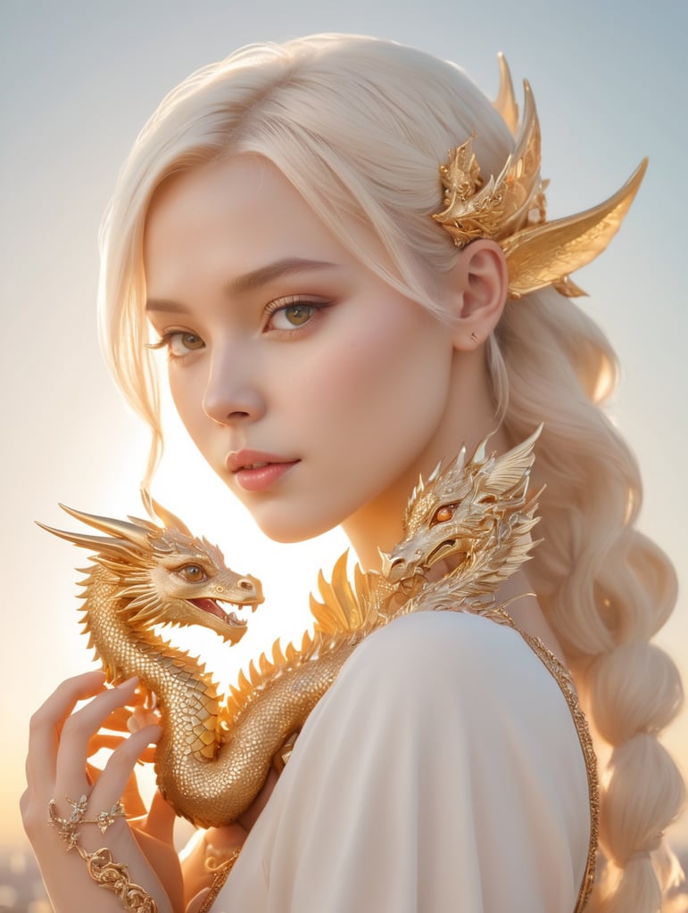 Cute young blonde headed cyberpunk girl holding her golden baby dragon, fantasy, exquisite detail, catch light, low contrast, high sharpness, depth of field, golden hour, ultra detailed photography, shiny stars in the sky