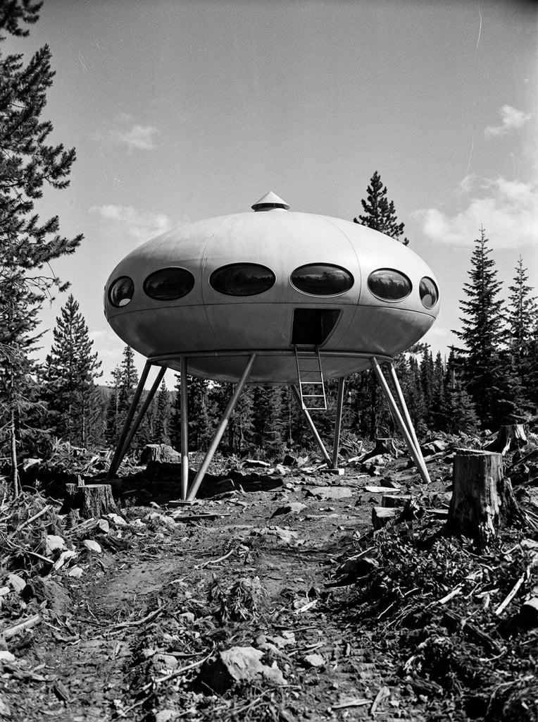 A vintage black and white photograph of a futuristic, saucer-shaped architectural dwelling elevated on angled metal struts in a wooded clearing. The smooth, oblate spheroid structure features a distinct horizontal seam, a continuous band of dark elliptical windows, and a small conical cap on its roof. The building rests in a rugged environment characterized by rough dirt, chopped tree stumps, and scattered evergreen trees beneath a clear sky. The low-angle perspective and high-contrast aesthetic emphasize the striking space-age design against the unrefined landscape.