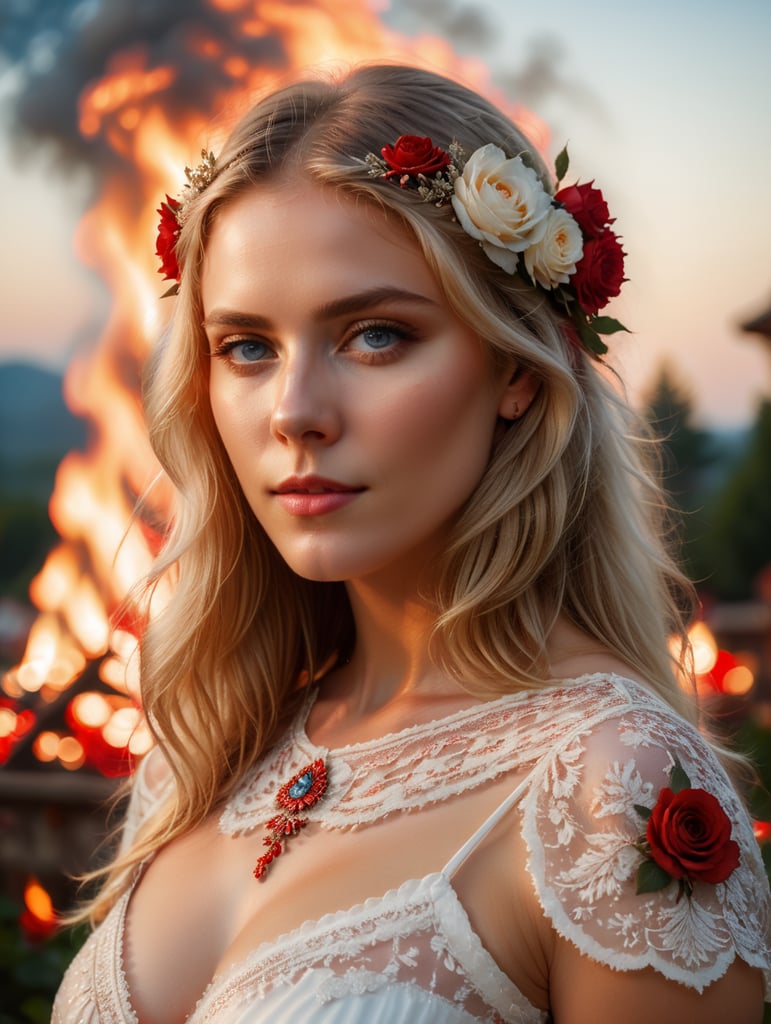 Portrait of a blonde with gray-blue eyes standing at night against a background of fire in a white transparent dress with red and white patterns of Balkan folklore and roses on her head in her hair, cinematic, photorealistic