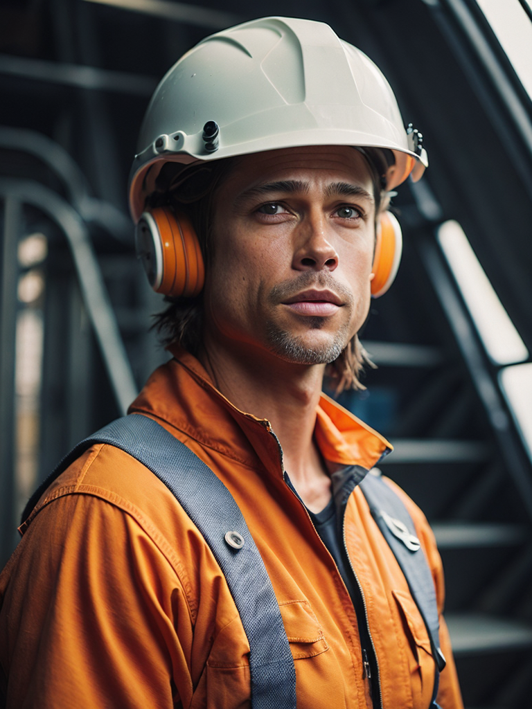 portrait of Brad Pitt as oil worker, wearing a white plastic helmet and orange robe