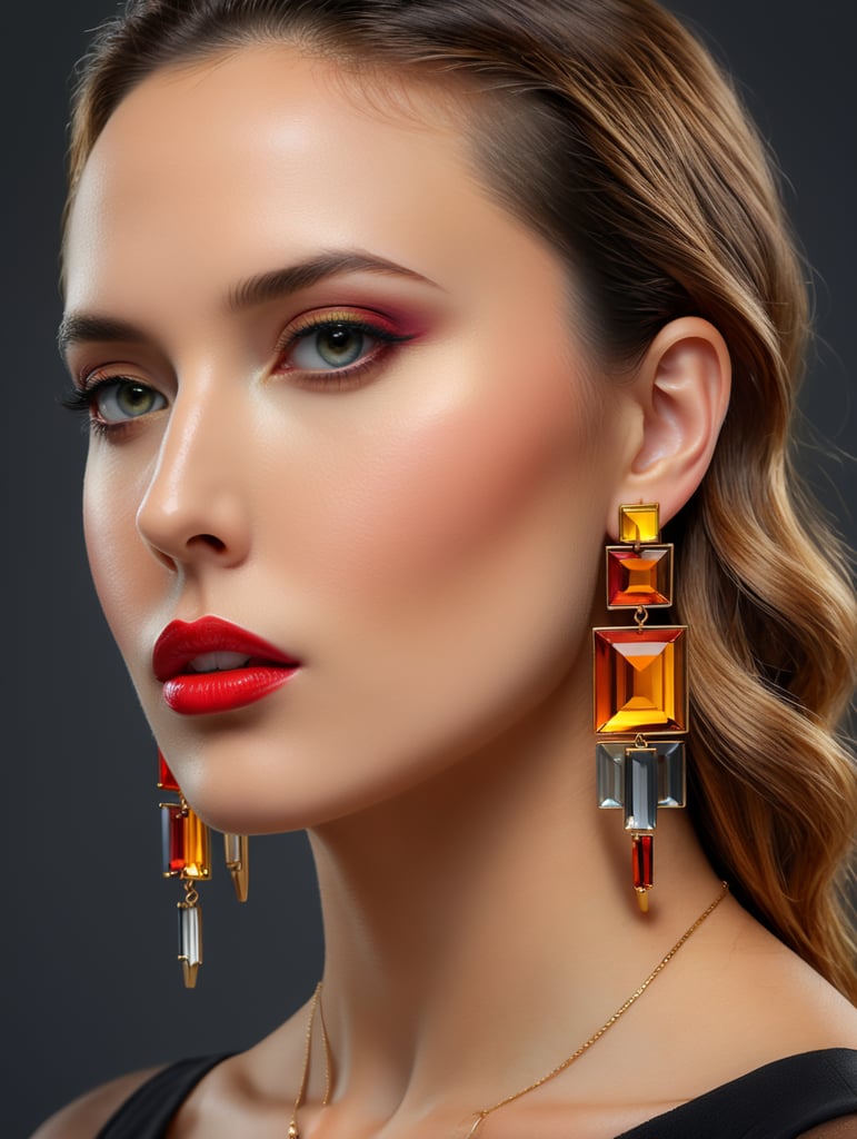 Minimalist earrings of vibrant colors with ACRYLIC and gold materials inspired by the architecture of Luis Barragán placed on a woman with a beautiful face and a dark gray background.