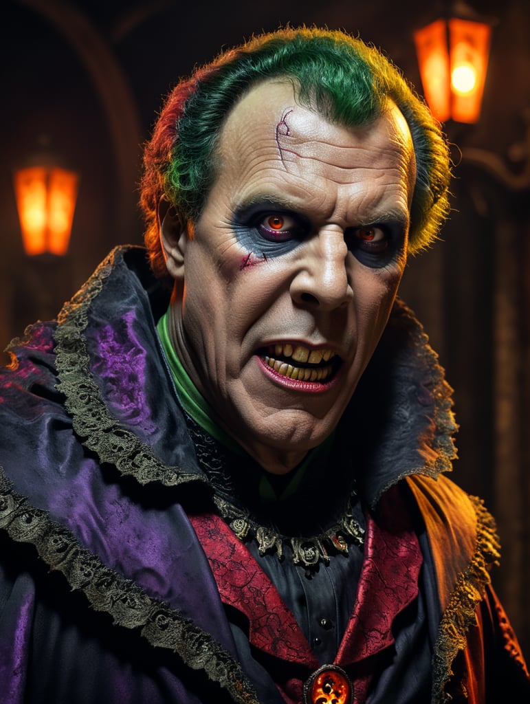 Will Ferrell as a creepy evil Frankenstein character wearing spooky Halloween costume, Vivid saturated colors, Contrast color creepy makeup halloween attire horror inspired in 1024x1360 aspect ratio