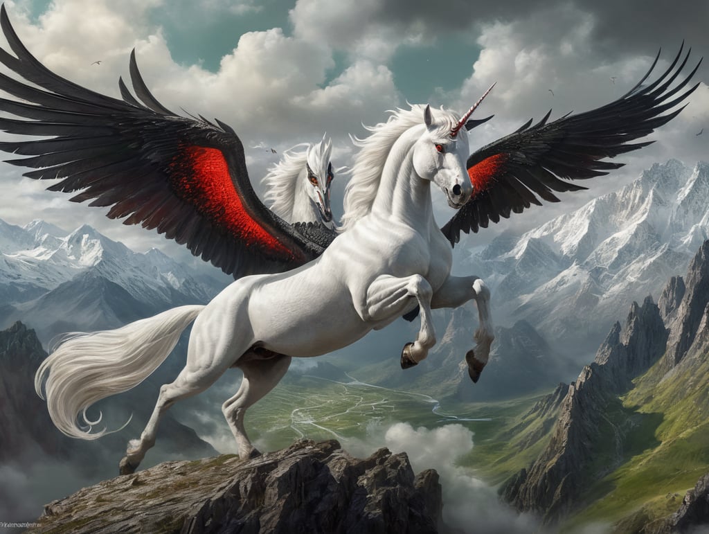 white flying alicorn with red eyes fighting a black flying alicorn with green eyes with mountains in the background