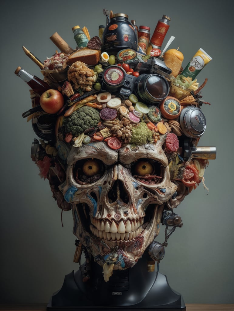 The anatomy of a zoombie head made of junk food, an ultrafine detailed painting by james jean, octopath traveler, behance contest winner, vanitas, angular, altermodern, surreal