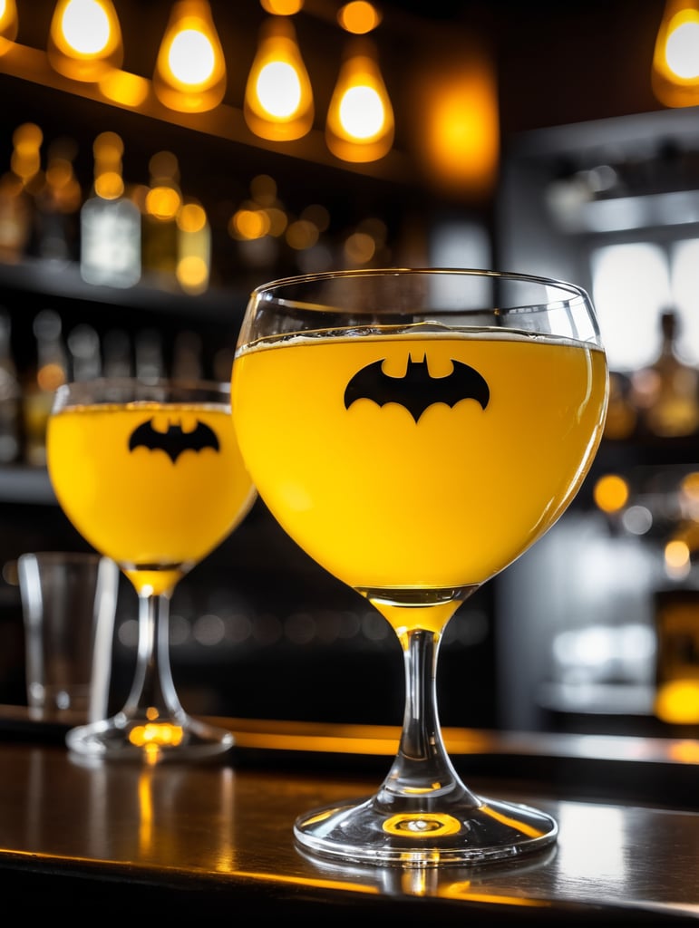 yellow and black like batman Drink Snifter Glass in a darkness bar, cinematic lighting, product shot, 4:3, 4k