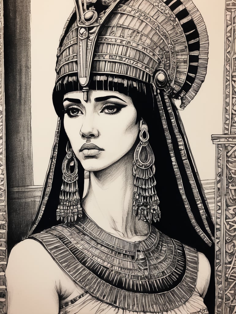 Sad Cleopatra, Ink pen sketch, low light, low detail,