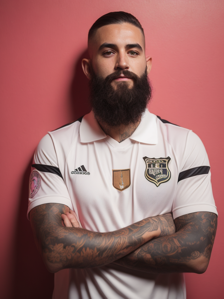 a tattooed soccer player with long black beard stands in a front of the bright pink wall