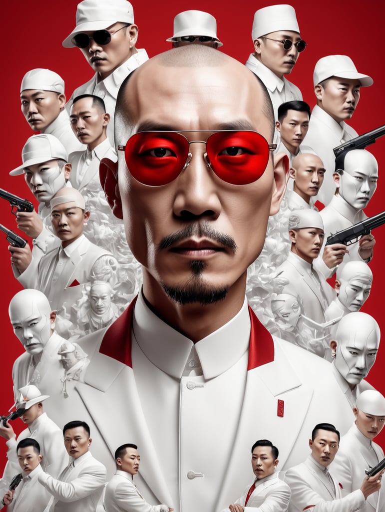 Chinese mafiosi, avant-garde, simplygo, photoshoot spread, dressed in all white, red background, harpers bizarre, cover, headshot, hyper realistic