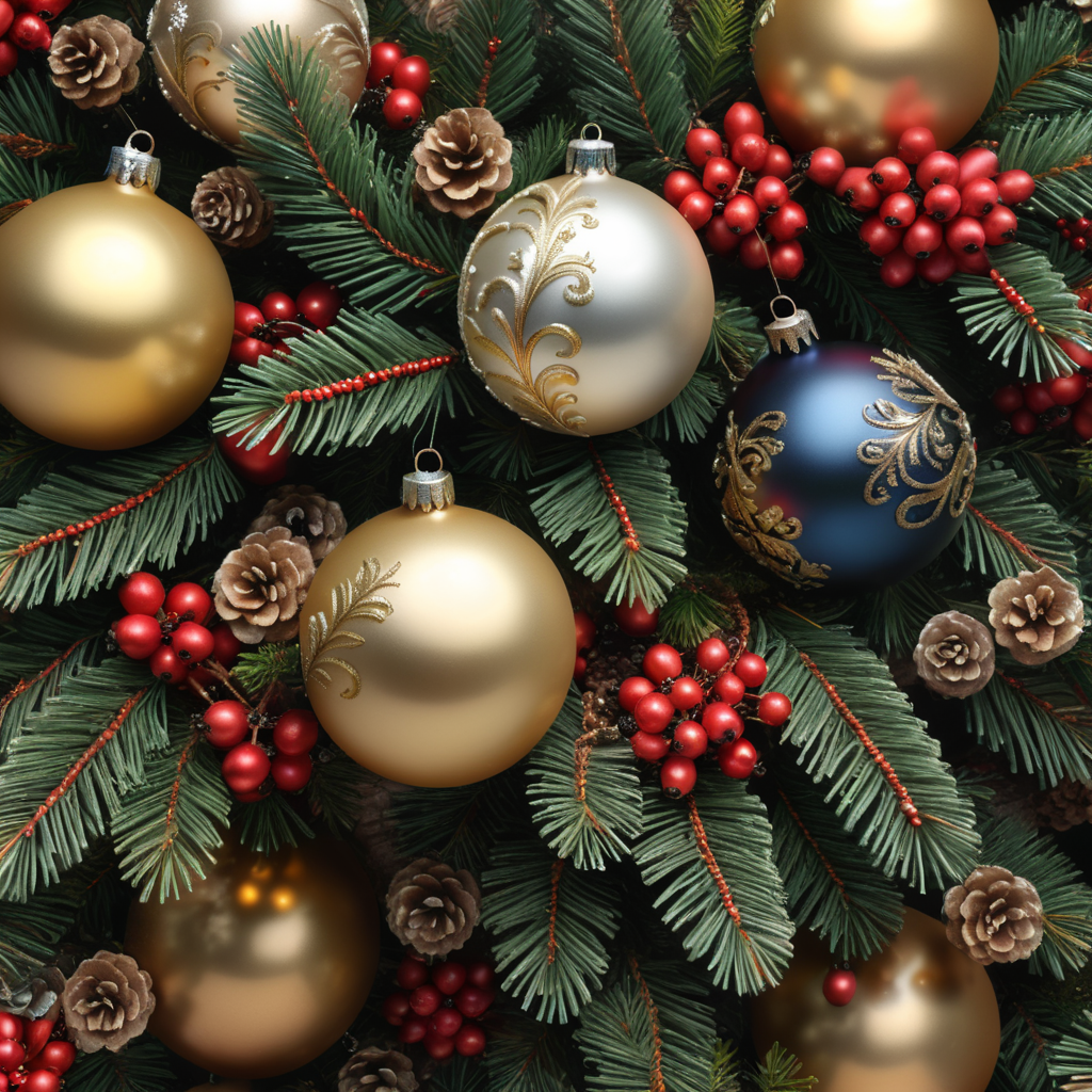 christmas balls, berries and leaves on pine branches, two shades of beige
