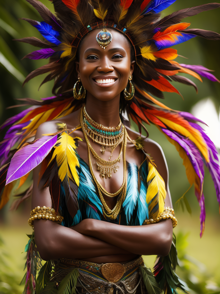 Papua New Guinea lady smiling, head dress, bright multi coloured feathers, chocolate brown coloured background of leaves , tropical, dramatic light, vibrant iridescent colours,