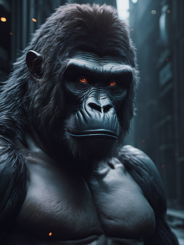 cybernetic gorilla, hyper-realistic, cyberpunk style, sharp on details,