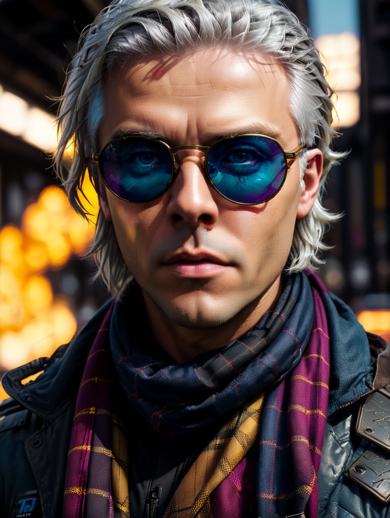 Portrait of halo, sunglasses, blue eyes, tartan scarf, white hair by atey ghailan, by greg rutkowski, by greg tocchini, by james gilleard, by joe fenton, by kaethe butcher, gradient yellow, black, brown and magenta color scheme, grunge aesthetic!!! graffiti tag wall background