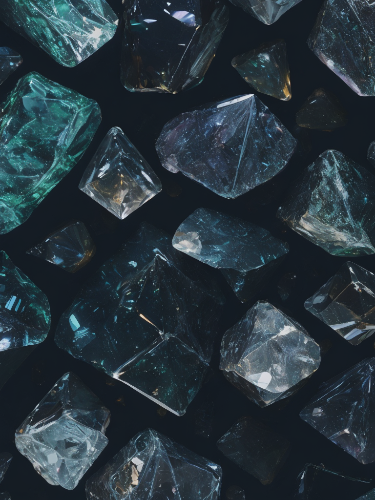 Crystal texture, pattern, background, top view, organic texture, seamless texture, scattered crystals, deep colors, contrast lighting, volumetric crystals, crystals stacked on top of each other, closely stacked crystals, knolling, flat lay, gems, crystals