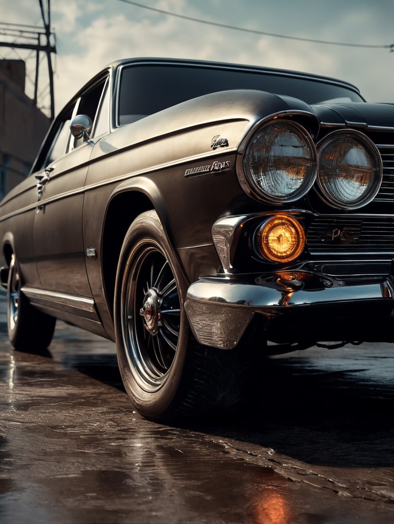 vinyl, car wheels, old car in the background