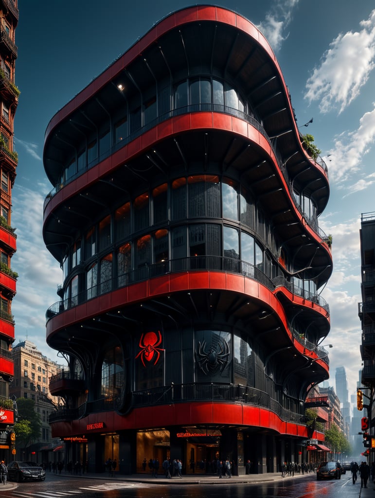 dream prompt: the craziest, bentwood, far view lens architectural modern style hyper realistic hyper detailed neocosmic exterior architecture design of a spider Fluid complex facade, geometric shapes spectrum, black::1 red:3, Antoine Blanchard architecture art style, in new york city, dramatic ambient, natural lighting, camera sony, 8k, --s1000 --style raw, you can imagine