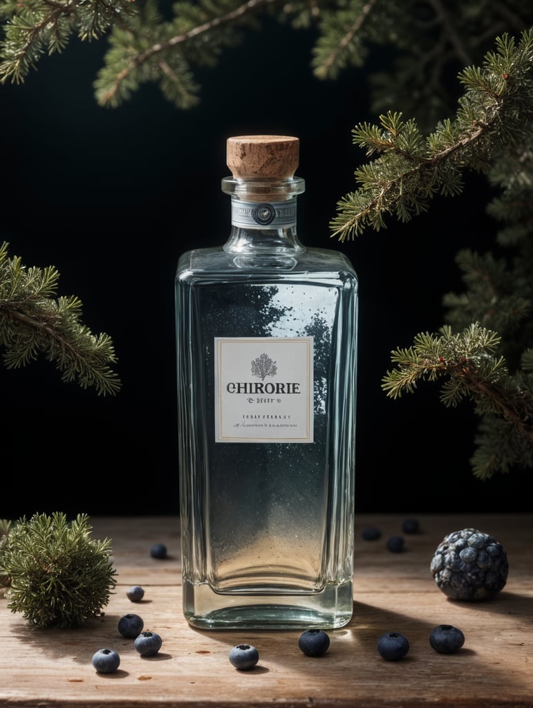 professional photography of a square gin bottle, square bottle, surrounding a juniper and juniper berries, one shot of gin in a front, no label, clear, mockup