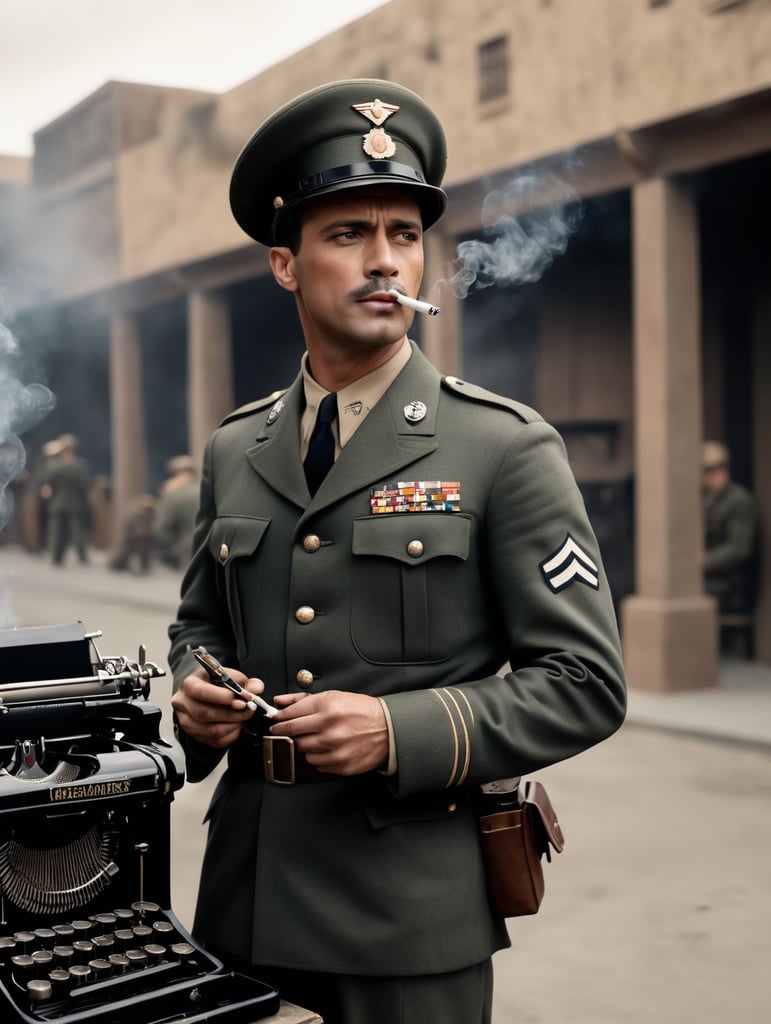 Hollywood 1940's film noir, one armed man in military uniform, smoking a cigarette, carrying a vintage typewriter in one hand, movie studio backlot,