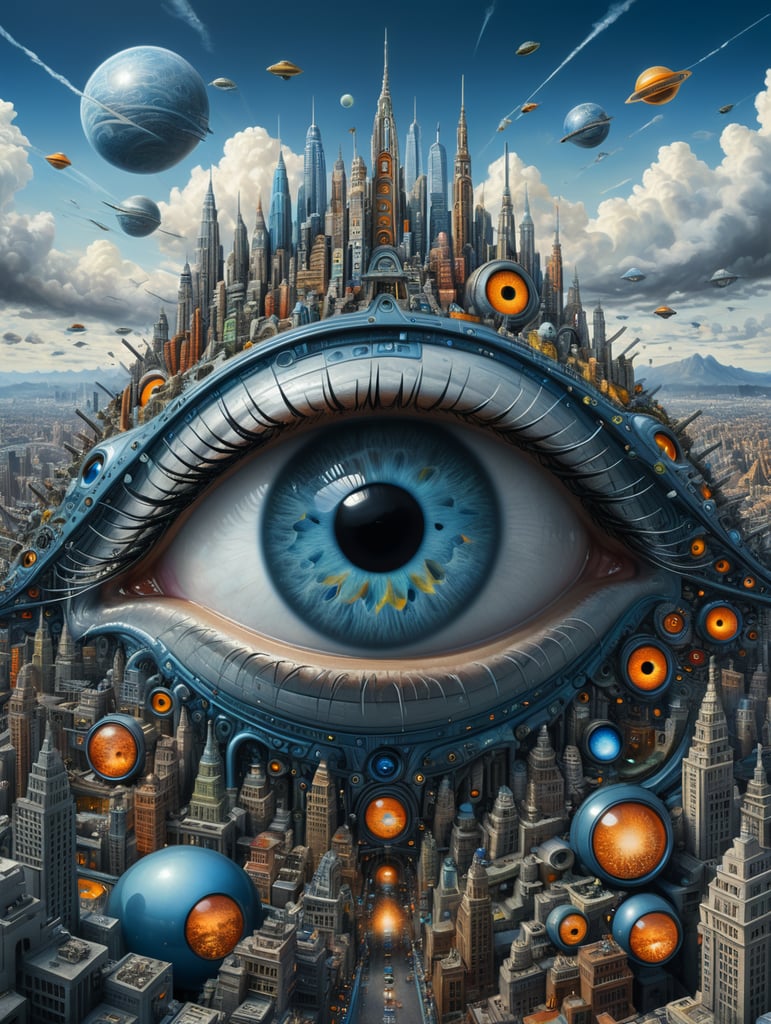 eyes everywhere an illustration of a futuristic city in a blue and grey background, in the style of cosmic visions, arthur tress, fred tomaselli, mysterious expressionism, louis wain, byzantine art, eyes everywhere