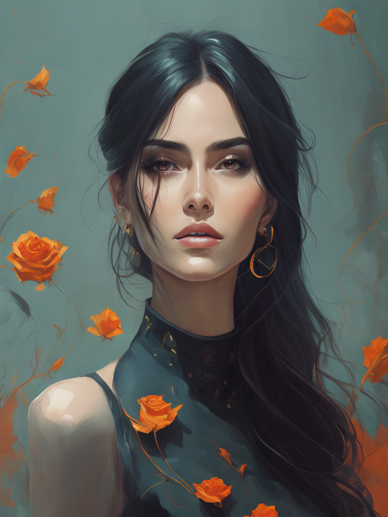 Full body imagine of Woman wearing black dress detailed with golden roses, long dark hair, beatiful necklase detailed with red rubys, beatiful flower earings. woman is not looking towards the camera. Backround is graveyard. High details, super realistic.