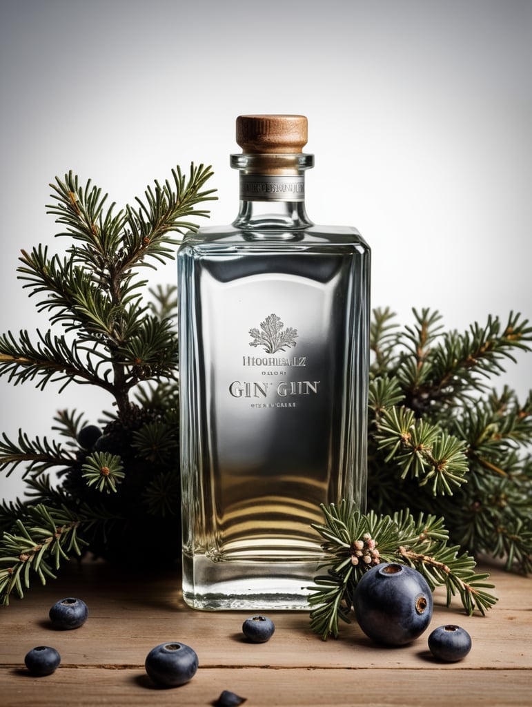 professional photography of a square gin bottle, square bottle, surrounding a juniper and juniper berries, one shot of gin in a front, no label, clear, mockup