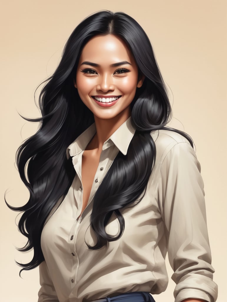 indonesian woman, wearing an unbuttoned shirt, smiling, long black hair