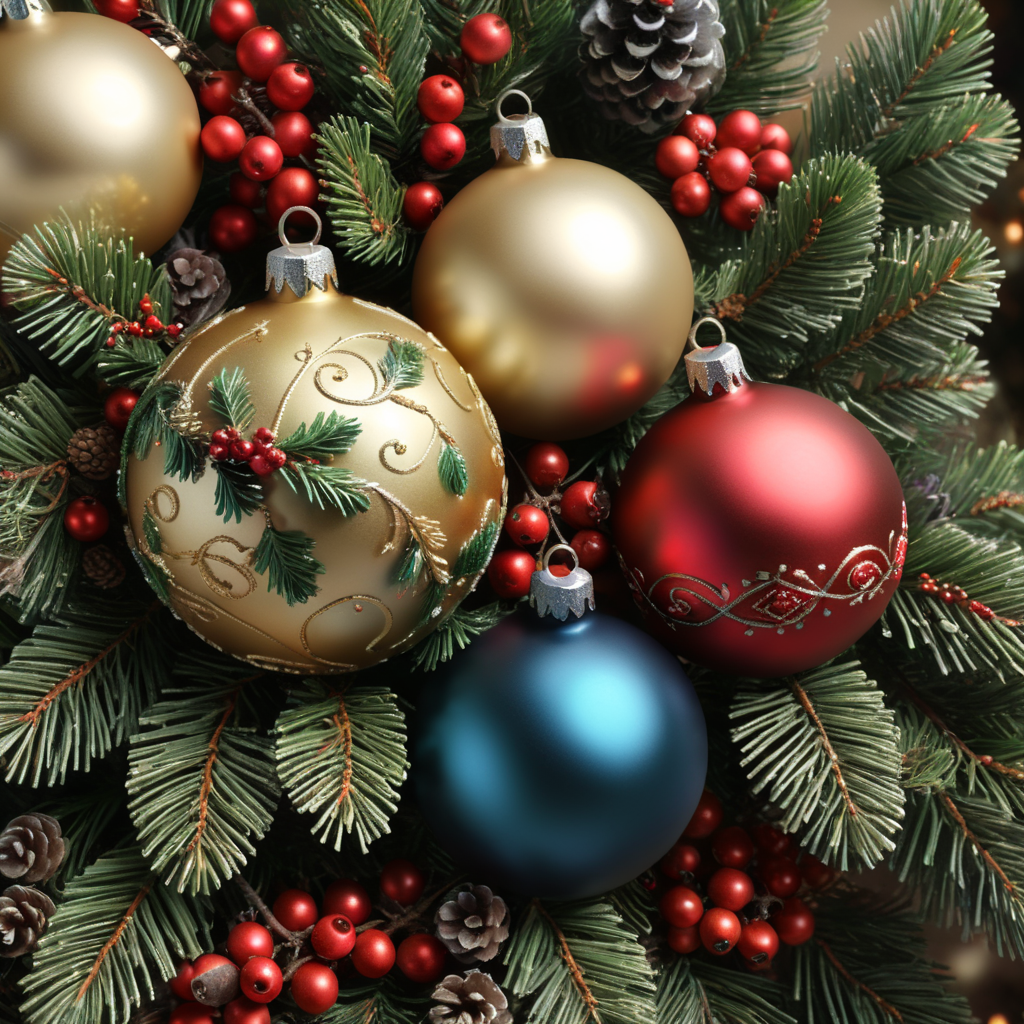 christmas balls, berries and leaves on pine branches, two shades of beige
