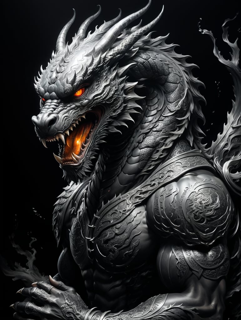 INK painting llustration by jea Lee, Inkpaintingcore, Inkpaintingcore, xu beihong, extremley line style, Silhouettes, light lines, waves, portrait, A Chinese-style dragon in the hands of a boy, Super wide Angle shot, fisheye lens, low Angle shot, Black background, Subtle use of light and shadow, Glowing upper body view, Very impactful composition, Monochromatic drawing, black and white, pixiv, 8k, best quality, extremley detailed