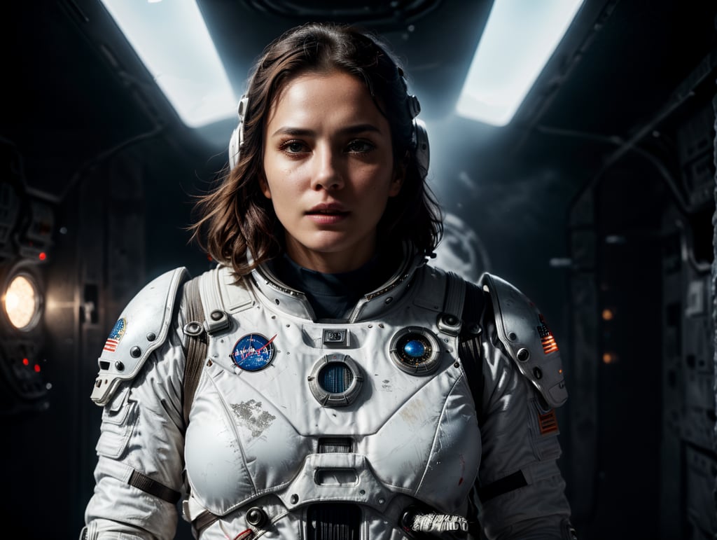 woman wearing white astronaut suit, bad sign with hand, not wearing astronaut helmet, background isolated on white