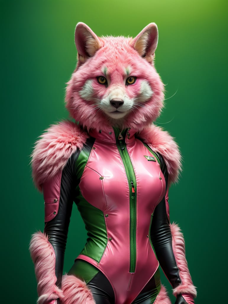 a babe in a pink fur suits poses in front of a green screen, in the style of bold, graphic lines, hyper-realistic pop, natalia rak, manticore, michael page, vibrant stage backdrops, kodak plus-x