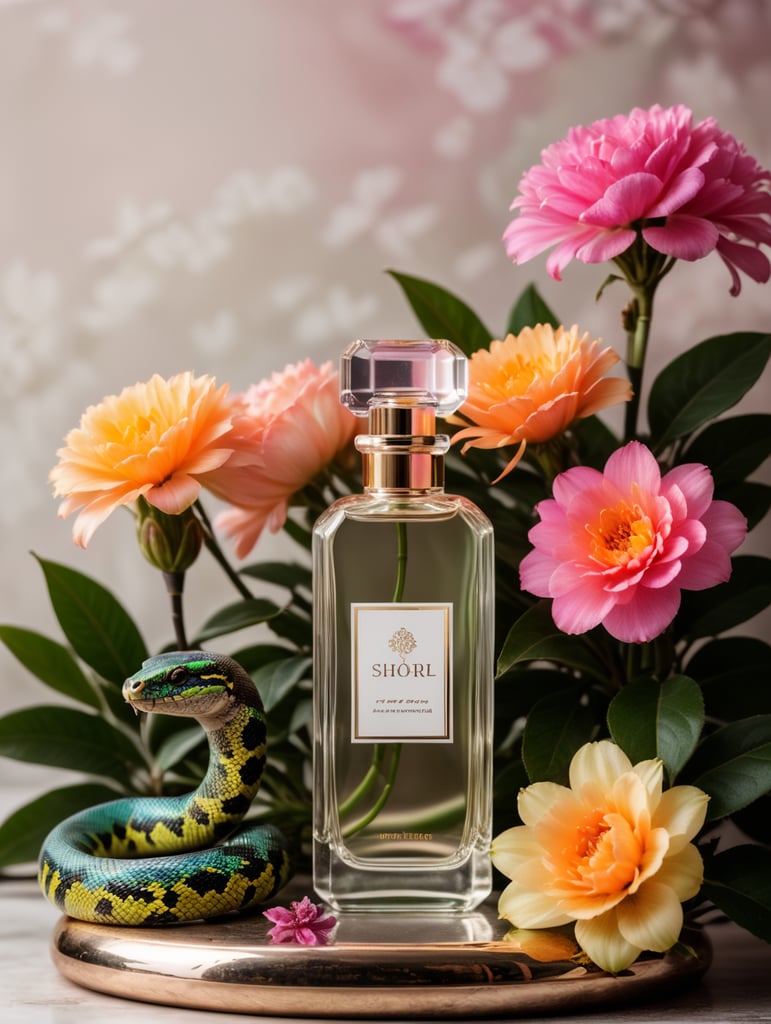 Floral background with neon colored flowers, minimalistic perfume bottle and snake next to the bottle