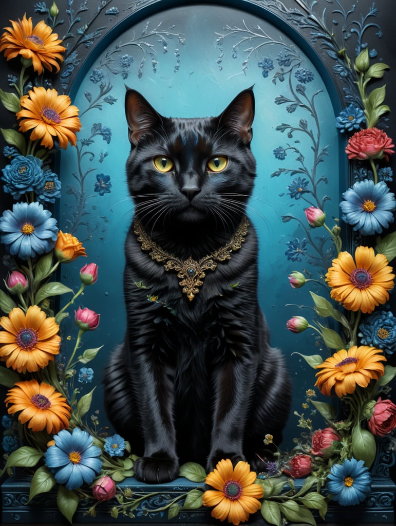 blue blackground whit a black cat whit flowers and briged