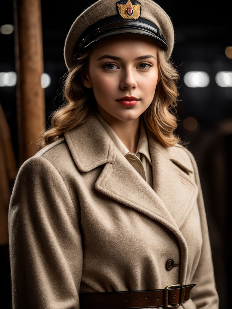 world war 2 era girl in an all-wool mackinaw, isolated, on a black background.
